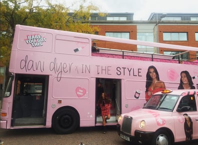 A view of the Dani Dyer promotional influencer marketing campaign bus.