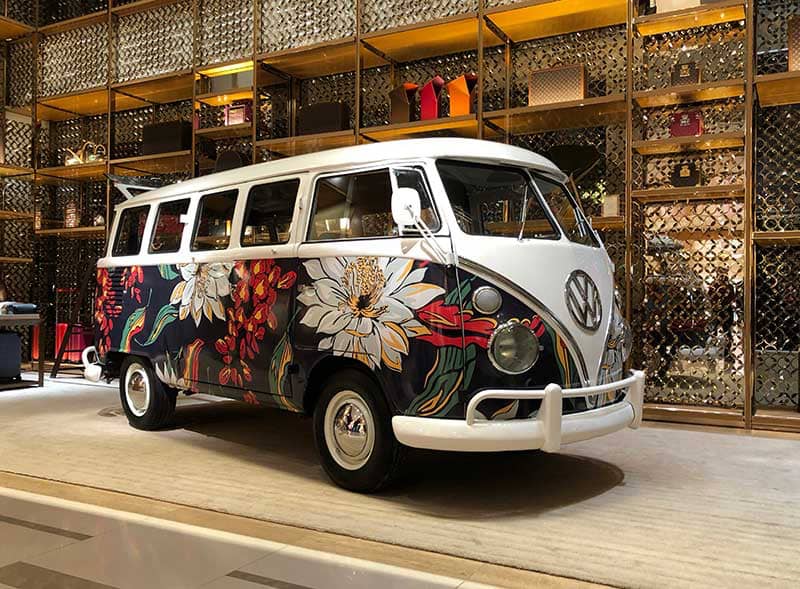 A VW Camper promotional vehicle, indoors for a Louis Vuitton brand activation.