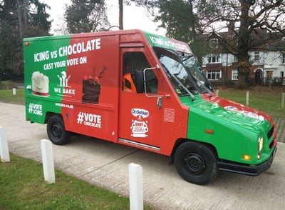 A green and red promotional US postal van for Dr Oetker.