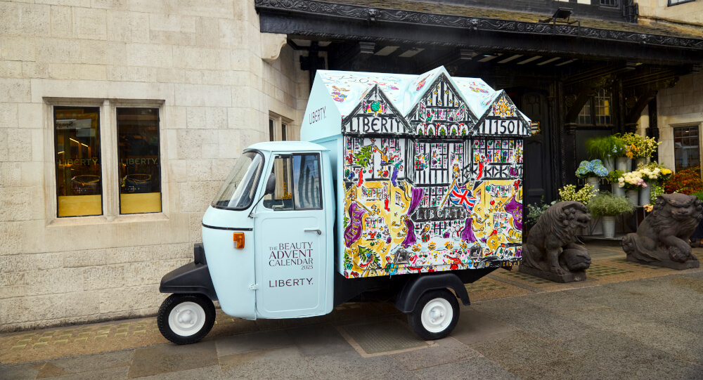 Liberty London's Piaggio Ape, designed to look like their advent calendar.