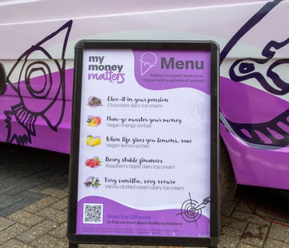 A menu A-board for the My Money Matters ice cream brand activation.