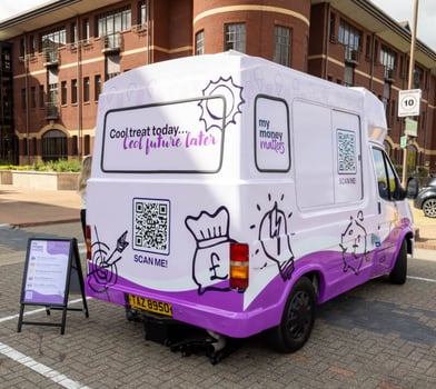 A rear view of the My Money Matters ice cream van hire.