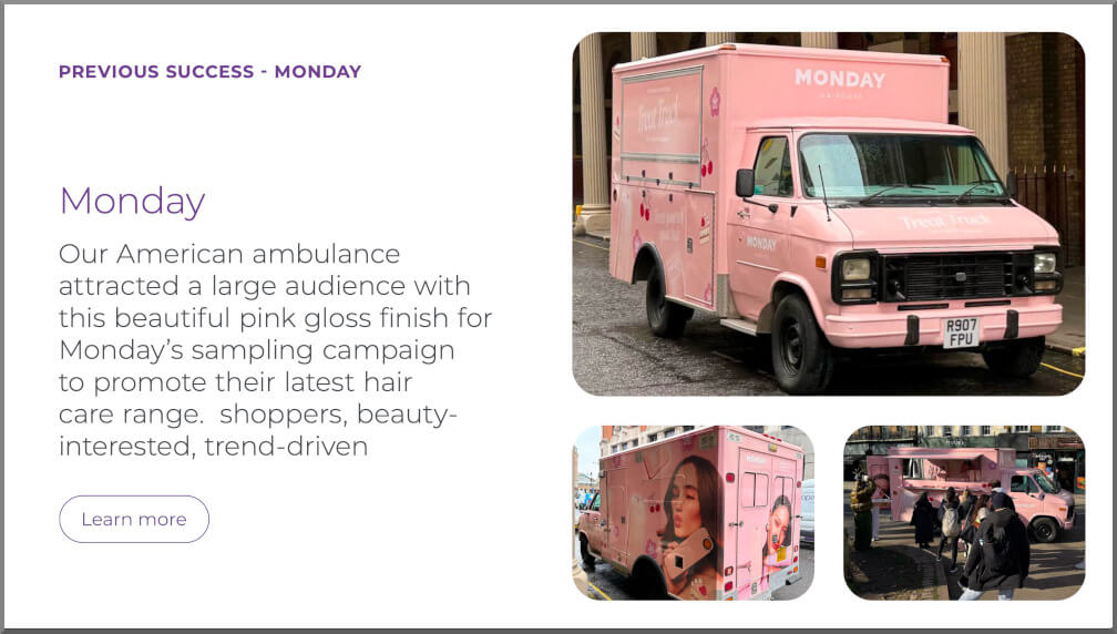 An image of a promotional vehicle, used in a pitch deck for a live campaign or brand activation.