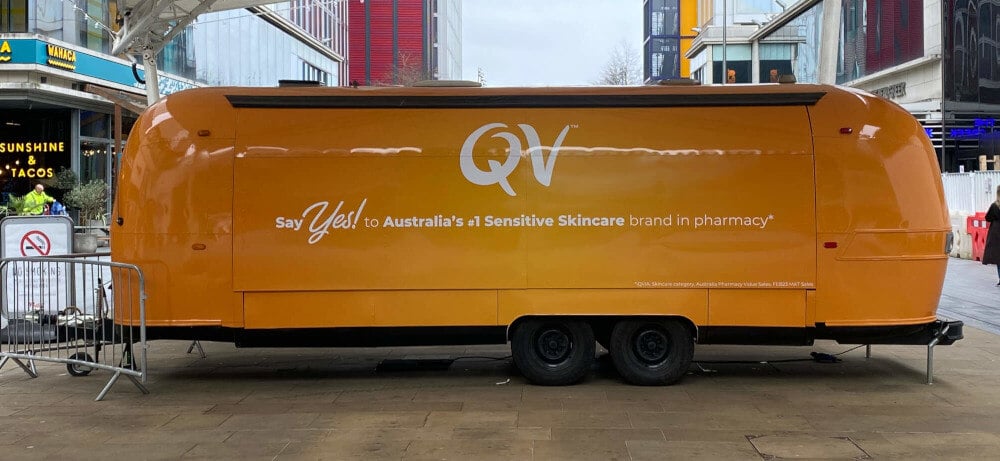 QV Skincare Airstream with the hatch closed, ready for field marketing. An FMBE award nominee.