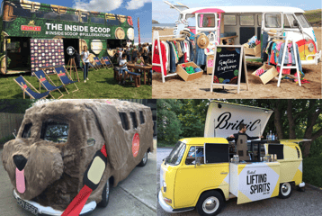 dog promotional vehicle, beach camper van, yellow drinks camper, green wrapped double decker