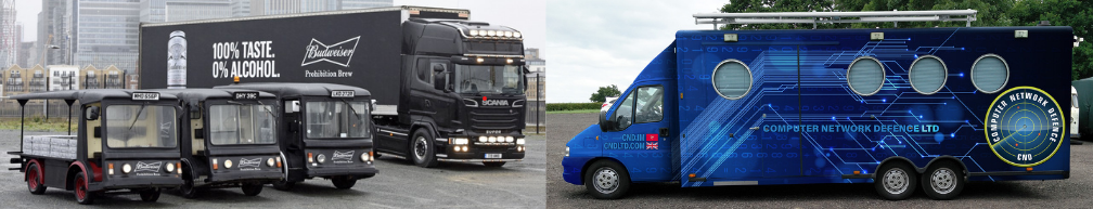 wrapped black milkfloats, lorry liverie, exhibition bus blue wrap