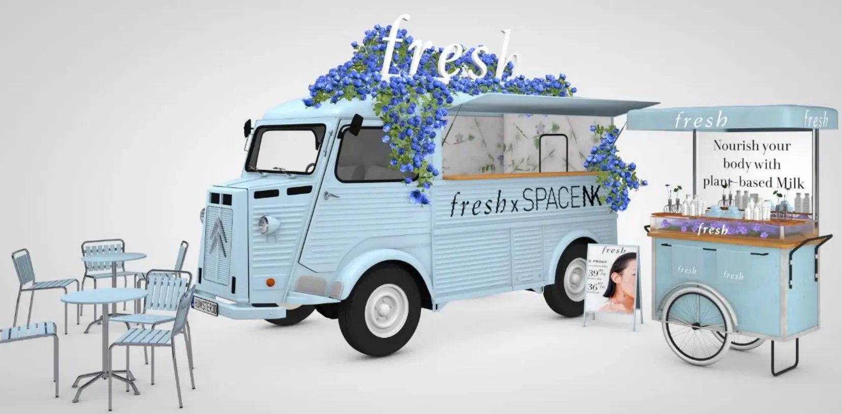 A look at the blue Fresh and SPACE NK H-Van, plus seating, roof prop, flowers, and cart.