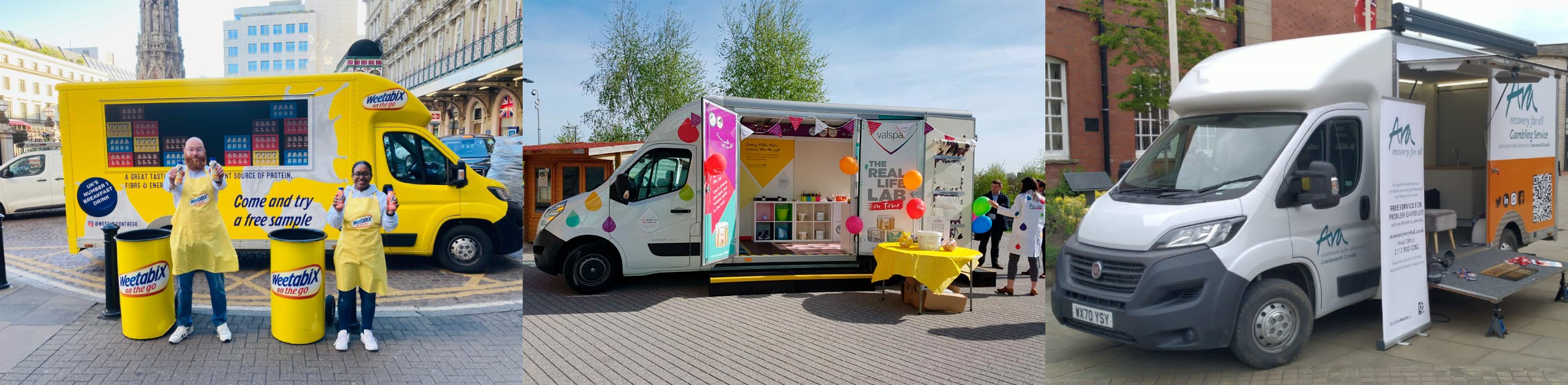 Yellow Weetabix, White Real Life Lab, White and Orange Ara smaller exhibition vehiclesRA