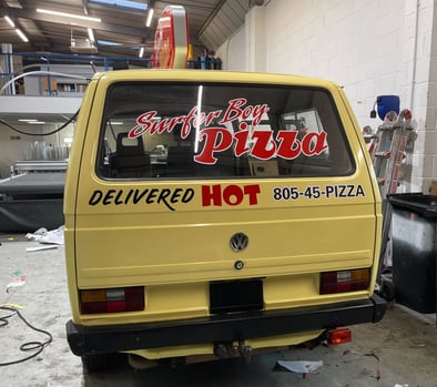 The back of the custom T3 Volkswagen pizza van in the Promohire workshop.