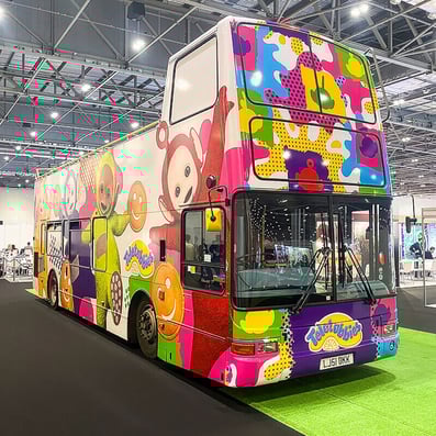 A full view of the Teletubbies promotional campaign bus at London Excel.