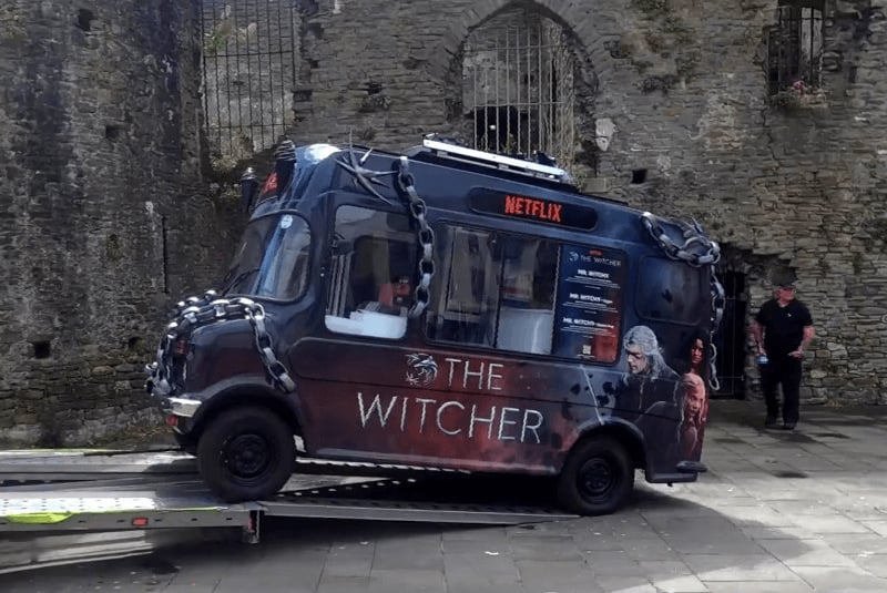 The Witcher van being unloaded, care of Promohire's campaign logistics and vehicle route planning services.