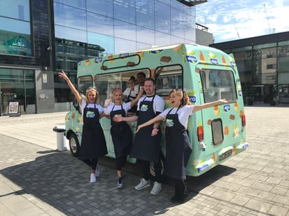 Alpro's brand ambassadors pose for a food sampling event.