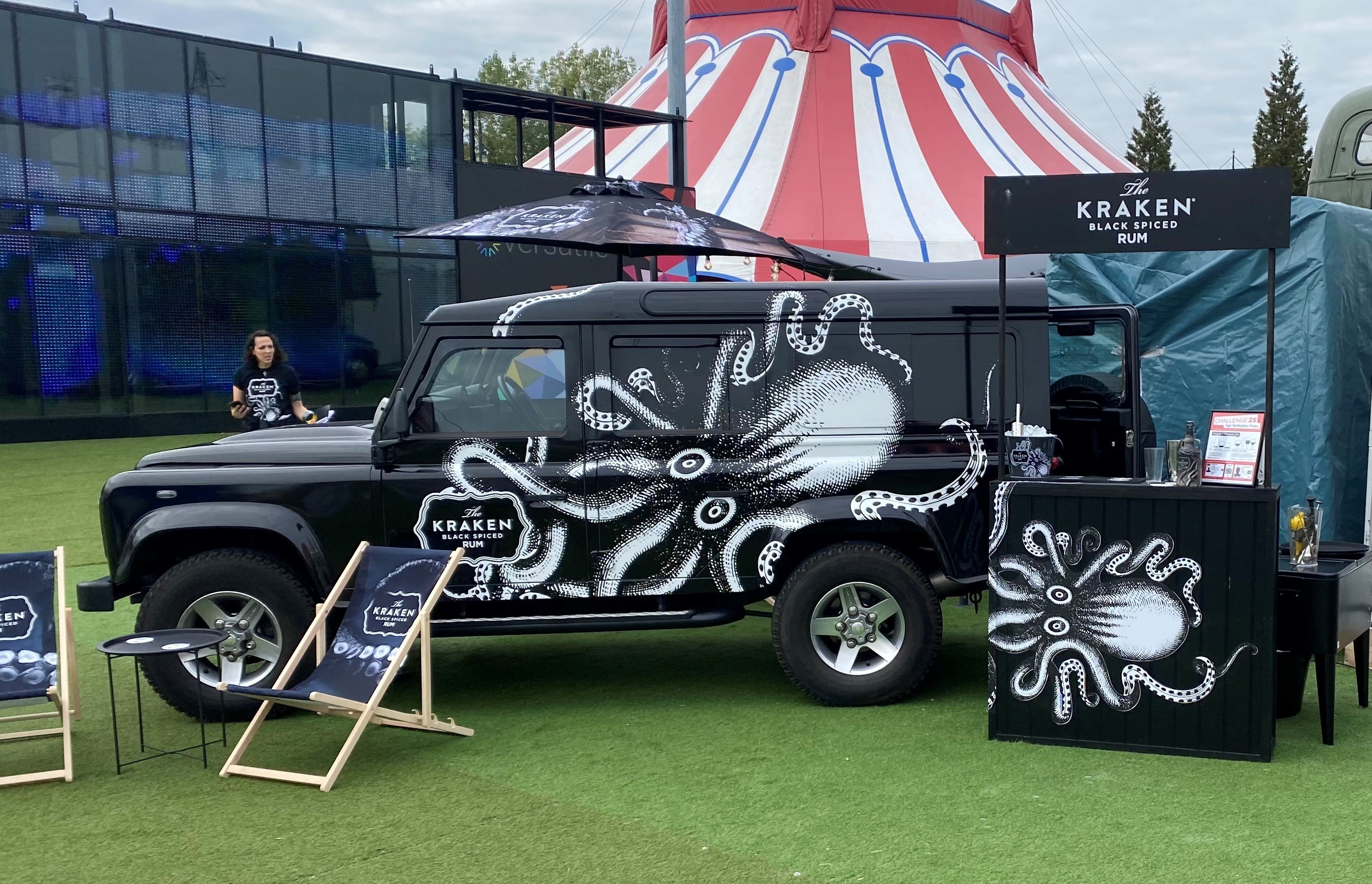 One of the Land Rover Defenders, branded for Kraken's promotional campaign idea.
