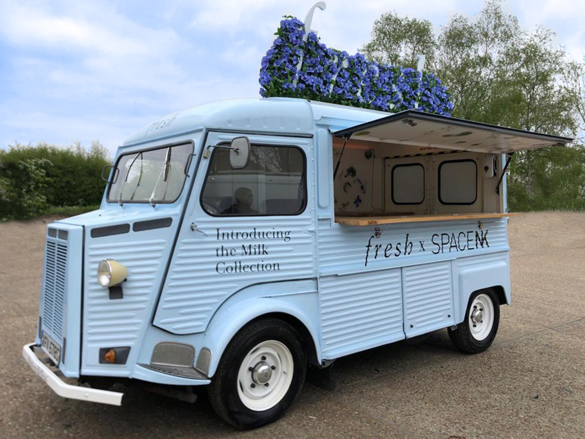 The Fresh X Space light blue Citroen H-Van, with a hatch open ready for the activation.
