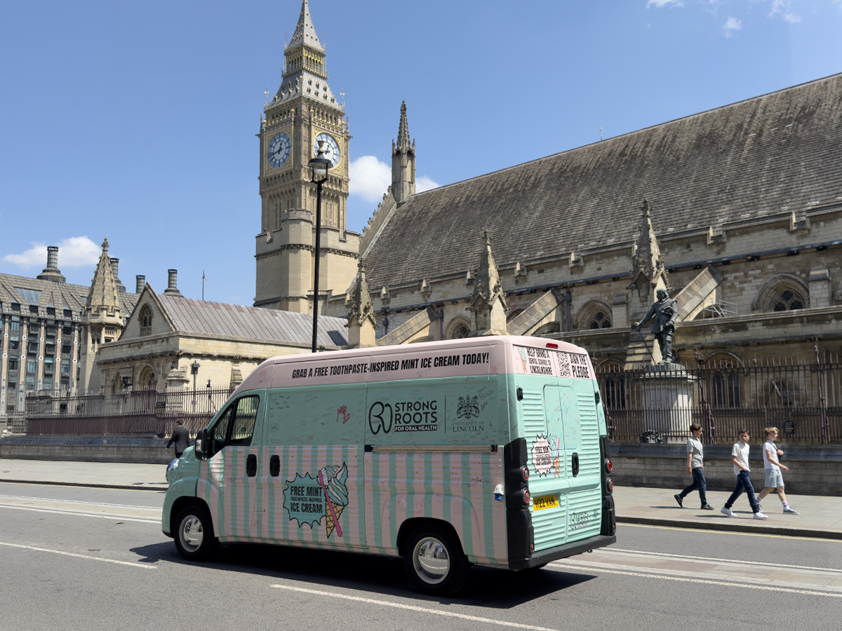The Strong Roots for the University of Lincoln 'dental dessert' H Van in London, from Promohire and built for community engagement.