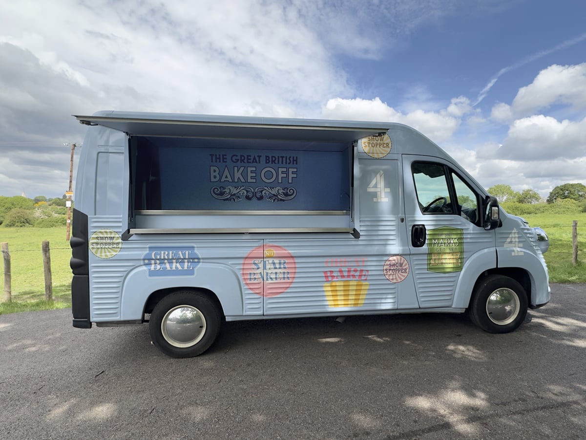 A modern Citroen H-Type Relay van, with vehicle branding for Channel 4's GBBO.