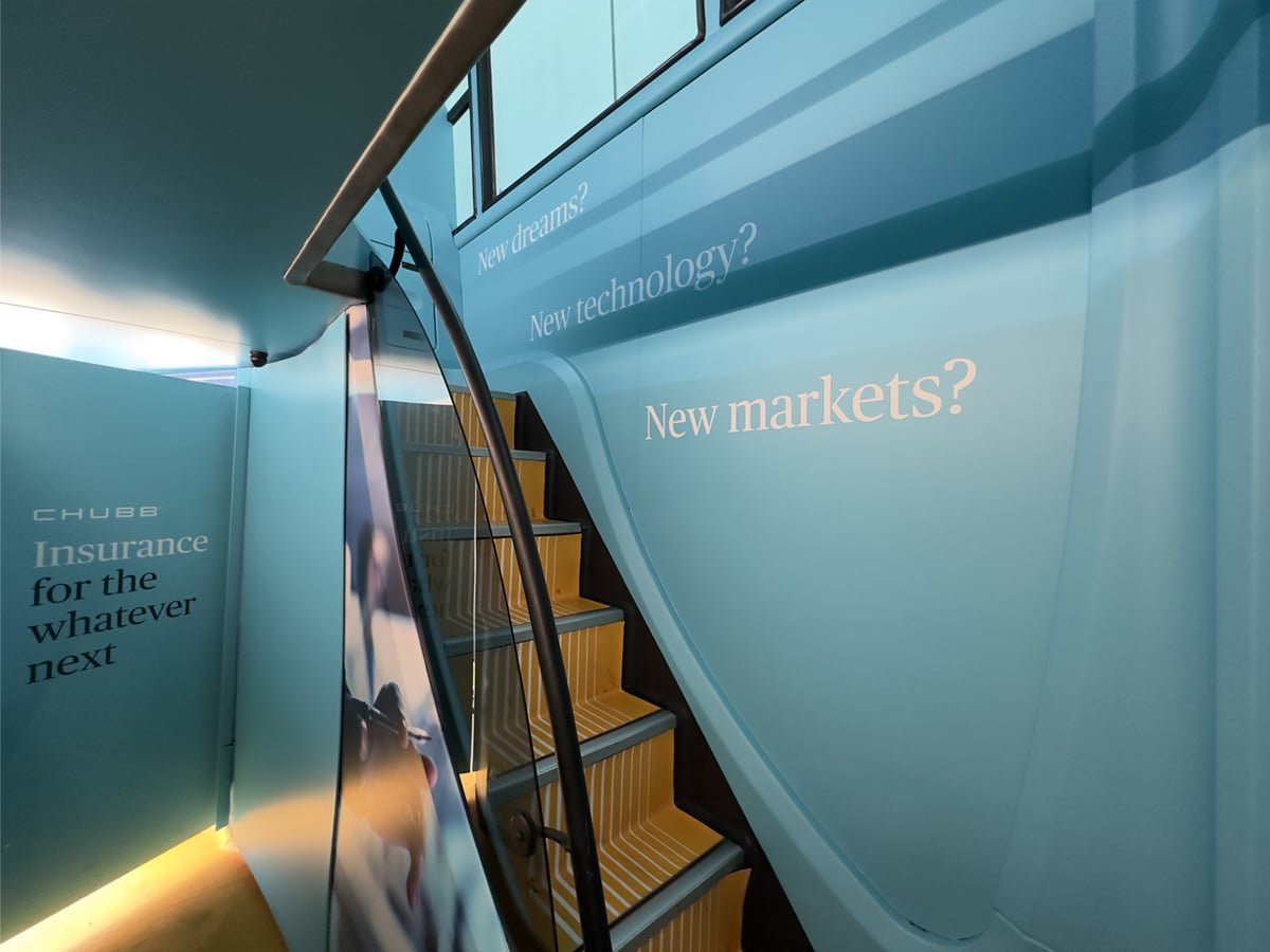 CHUBB's immersive bus experience, with LED lights and branding - designed and built by Promohire.