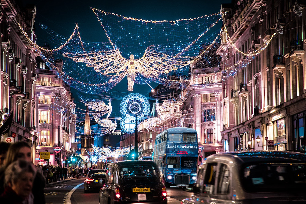 Christmas marketing campaign ideas - Routemaster Bus and Christmas lights in Oxford Street