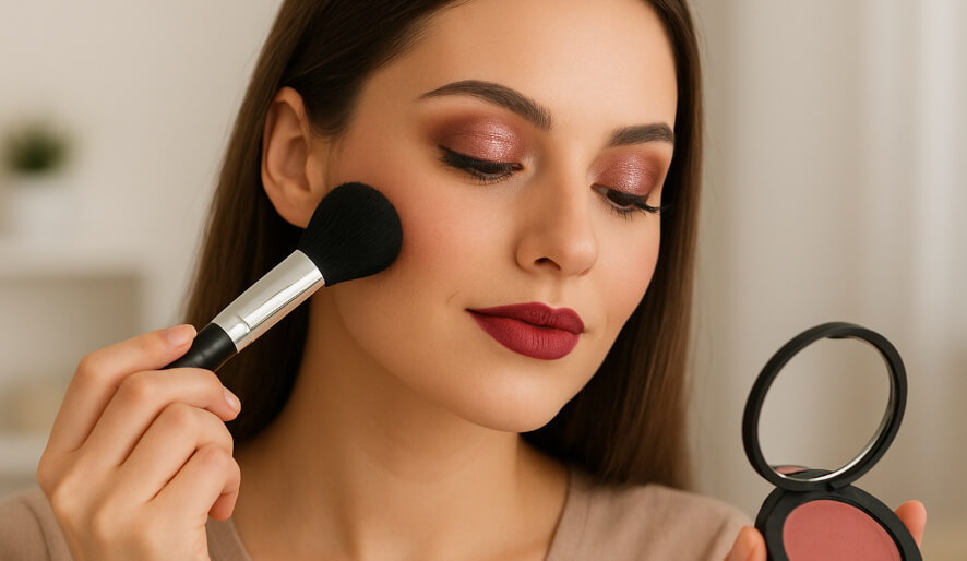 An image of a woman with eye make-up and a compact and brush, for a beauty marketing campaign.