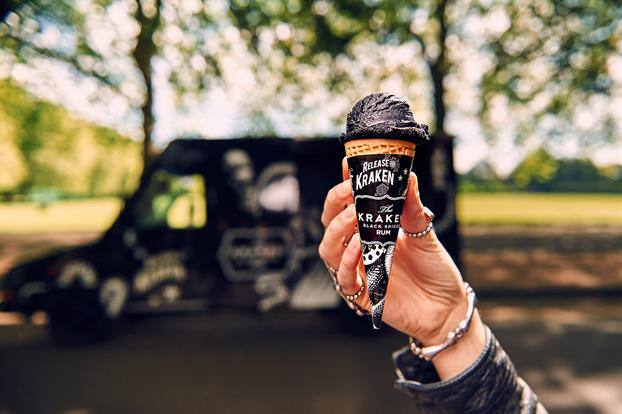 Kraken elevated their ice cream campaign with branded ice cream packaging, pictured in front of the custom ice cream van.
