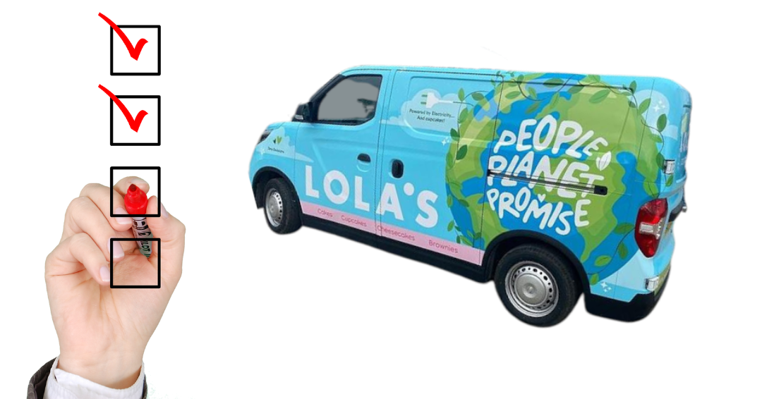 Promotional vehicle hire brief checklist lolas cupcakes blue green electric maxus van