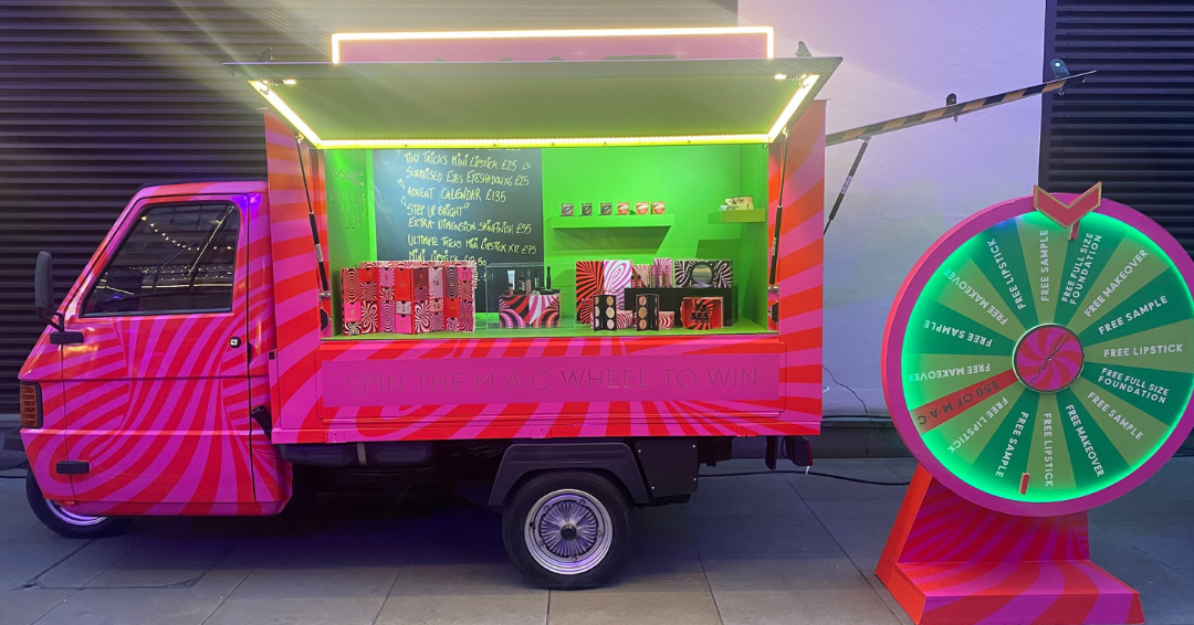 The pink Italian Piaggio Ape hired by the cosmetics brand MAC